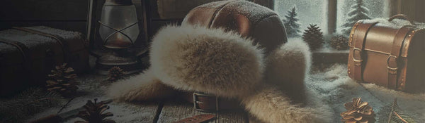 Vintage leather and fur trapper hat covered in snow, set on a rustic wooden surface with pinecones, an oil lantern, and leather travel cases, evoking a winter adventure atmosphere.