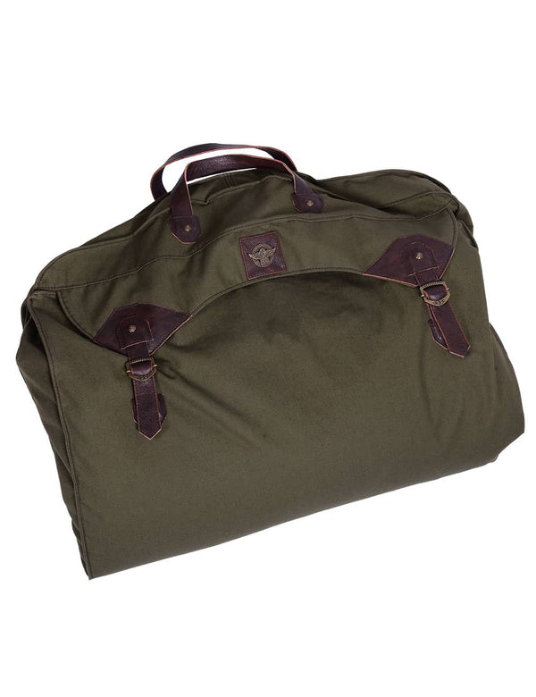 Olive green fabric jacket cover with leather handles and straps.