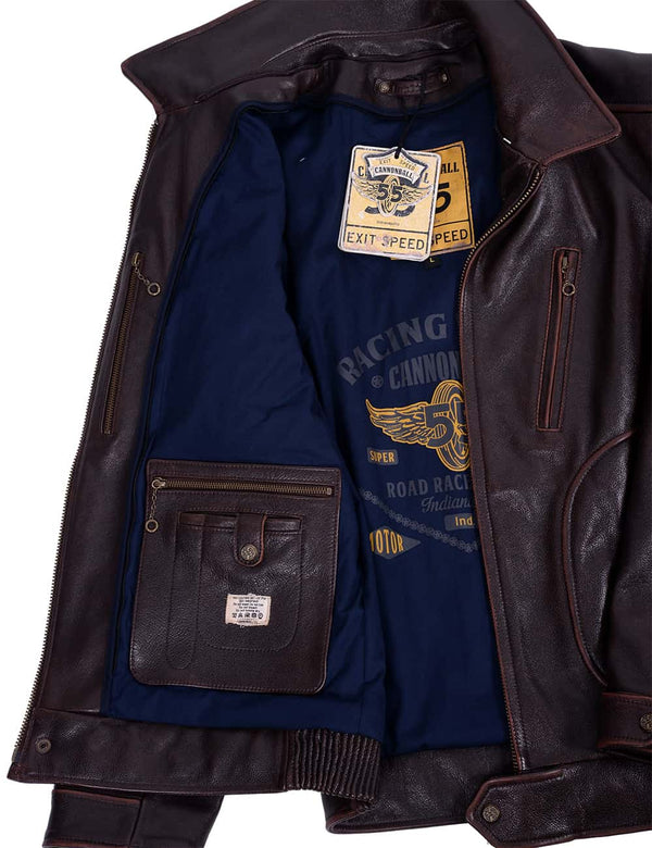Men's brown leather jacket unbuttoned, revealing the dark blue lining and inside pockets.