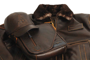 Leather jacket, cap and bag.