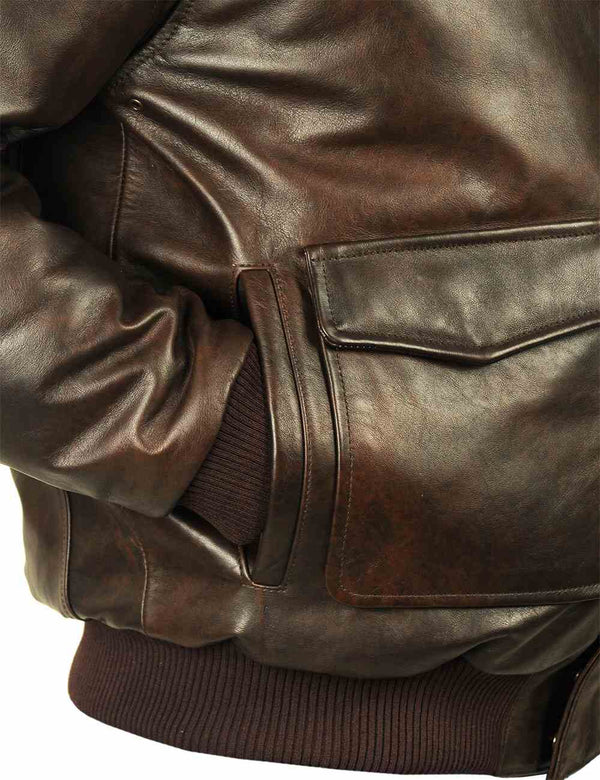 The lower pocket and the right sleeve of a men's brown leather jacket.