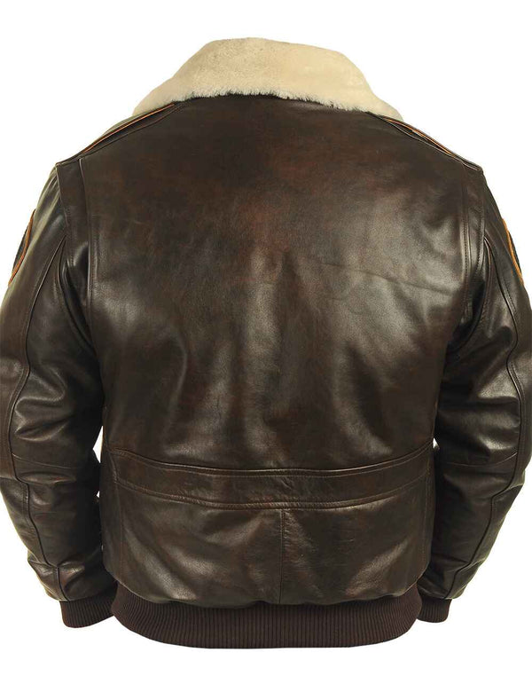 Men's brown leather jacket with light fur collar, back view.