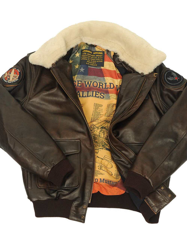 Men's brown leather jacket with patches and a light fur collar, unbuttoned, showing the bright lining.