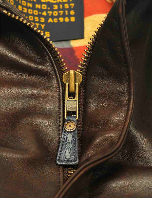 Metal zipper on the men's brown leather jacket.