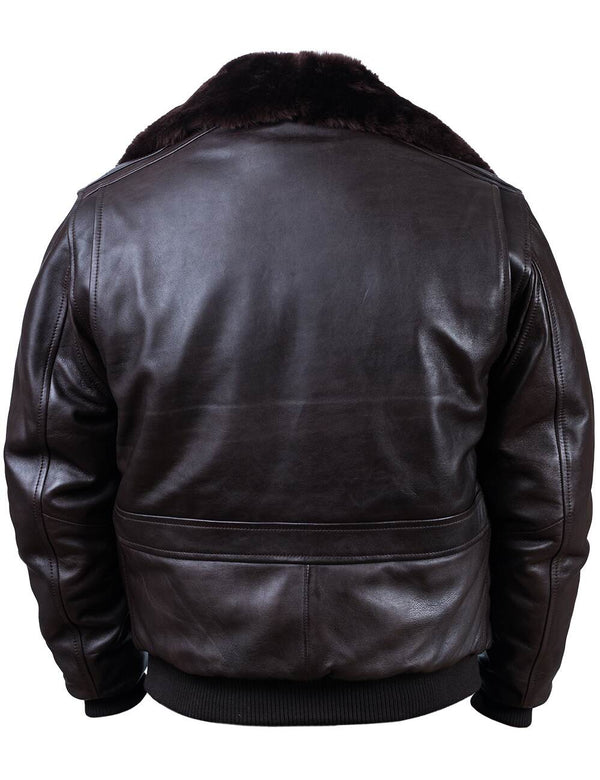 Back of brown leather jacket.