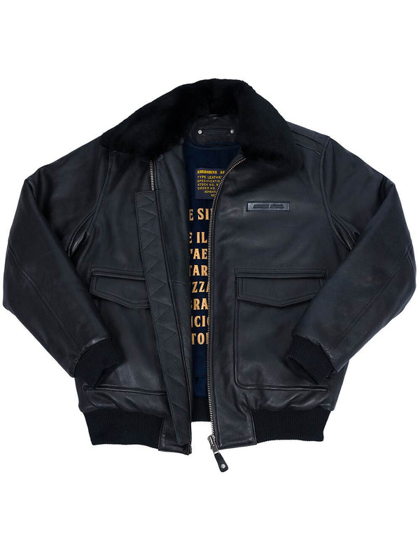 Men's black leather jacket.