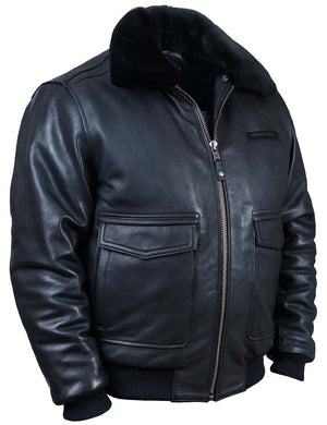 Men's black leather jacket.