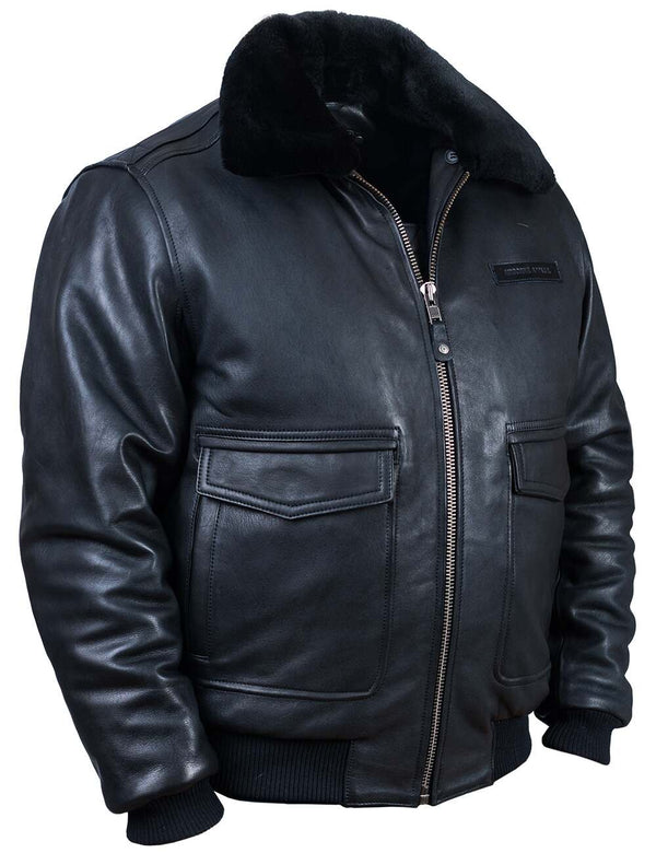 Men's black leather jacket.