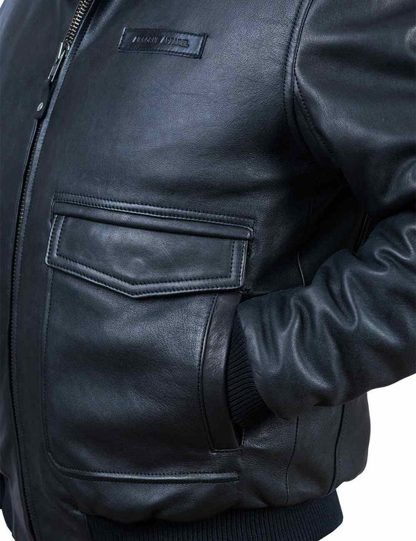 Men's black leather jacket.