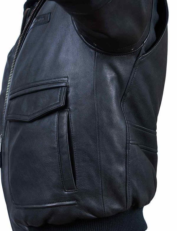 Side part of black leather jacket.