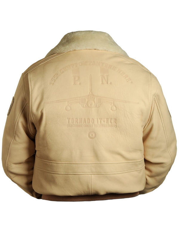 Back of beige leather jacket.