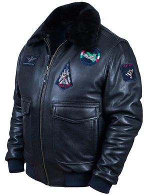 Dark blue men's leather jacket.
