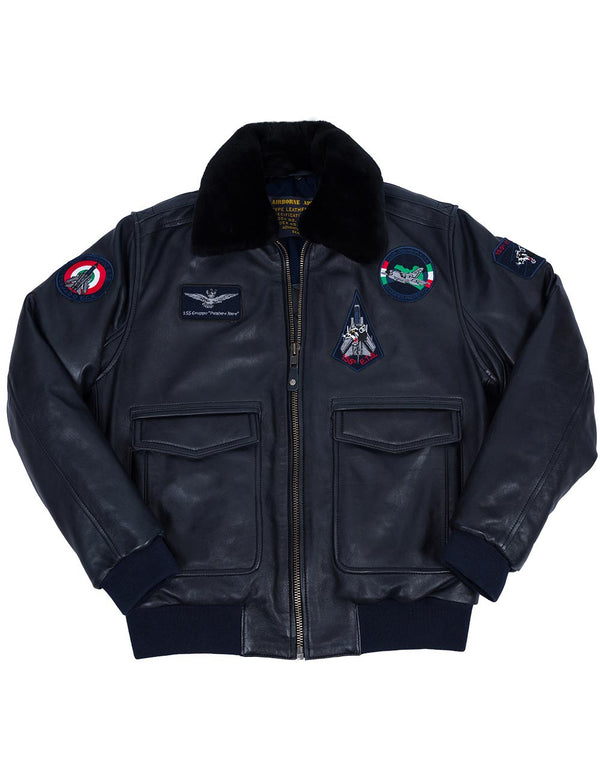 Men's leather jacket with elastic waistband in dark blue with bright patches on the chest and sleeves, black sheepskin collar.