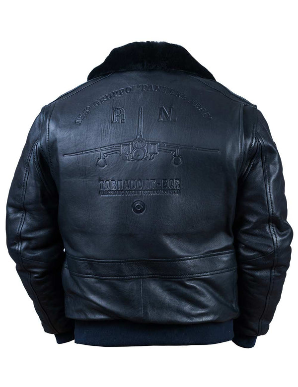 Embossed military aircraft on the back of a dark blue leather jacket.