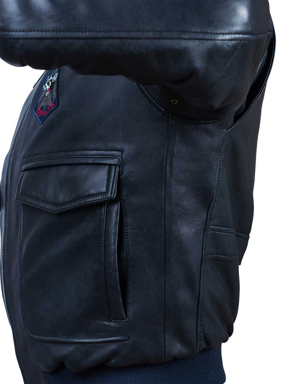 Side view of a dark blue leather jacket with the sleeve pulled up.