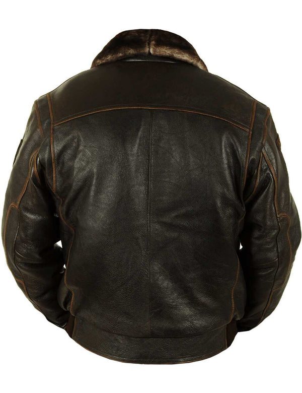 Men's brown leather jacket with a fur collar, back view.