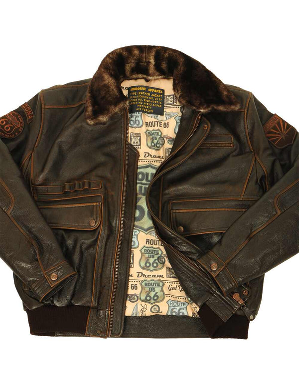 Brown leather men's jacket with elasticated waistband and sheepskin collar, unbuttoned.
