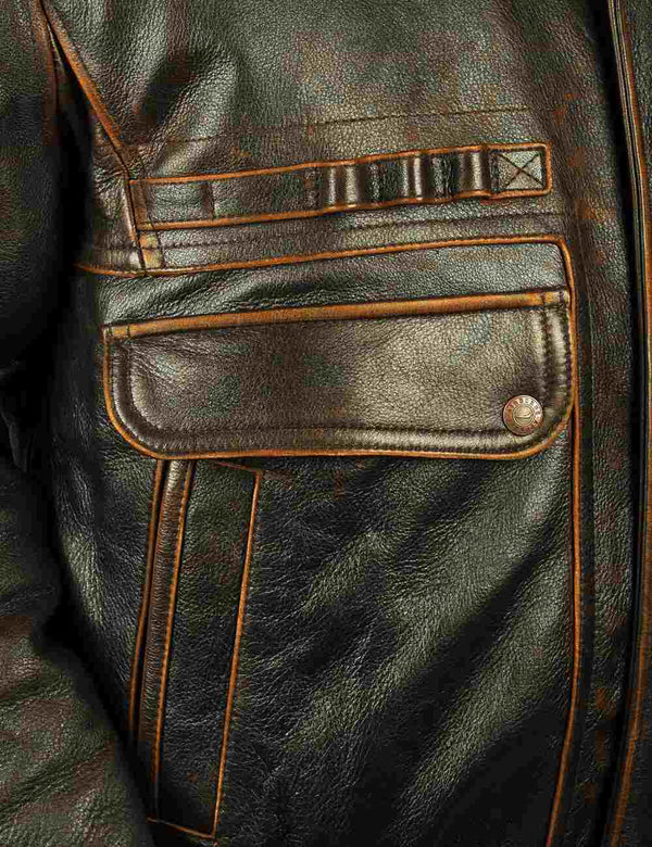 Flap pocket on a brown leather jacket.
