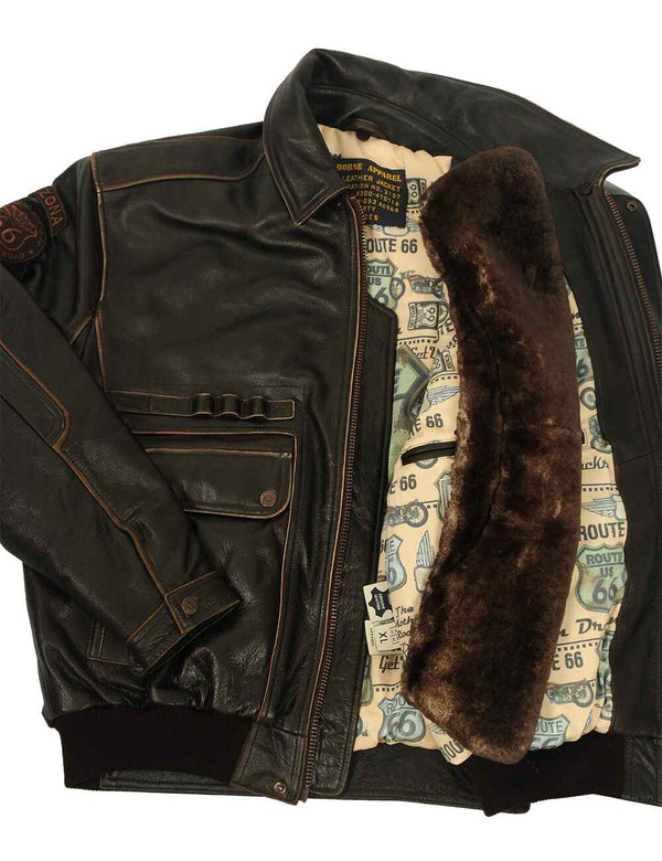 Men's brown leather jacket unbuttoned, bright lining visible. On top is an unbuttoned collar.