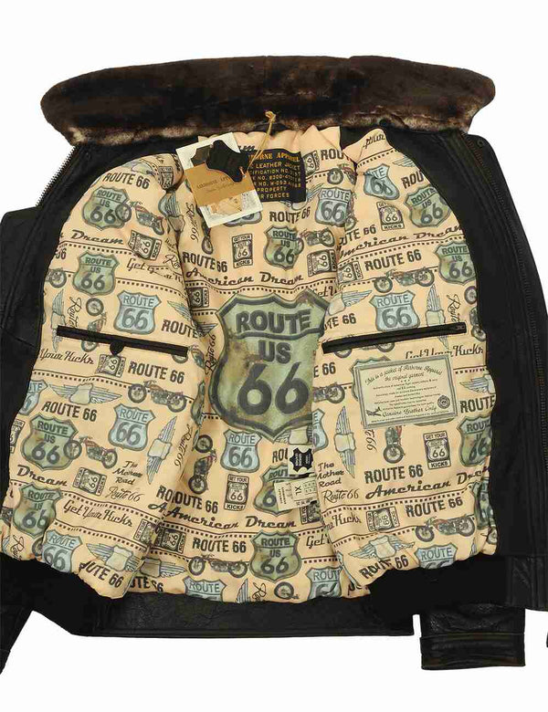 Men's brown leather jacket unbuttoned with fur collar, bright lining and inner pockets are visible.