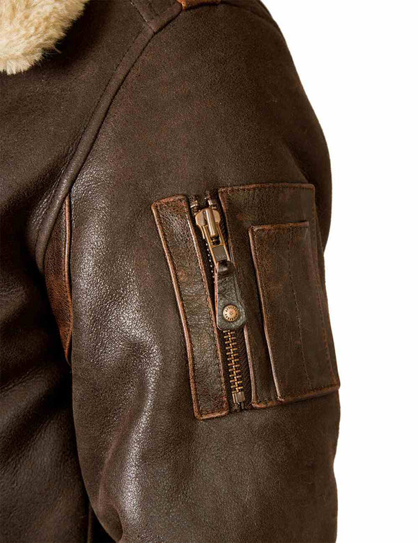 Utility pocket on men's sheepskin jacket.