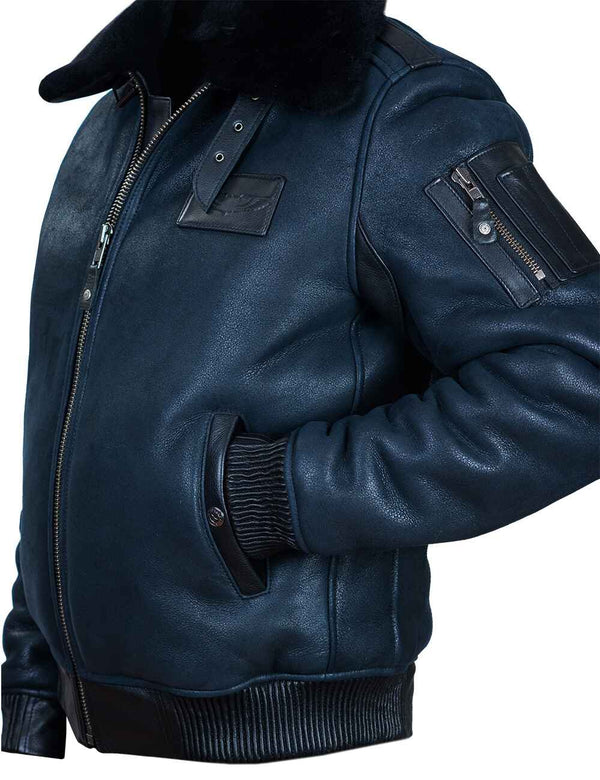 Men's dark blue sheepskin jacket.
