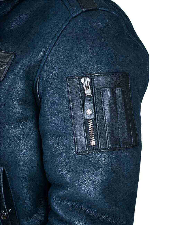Utility pocket on a men's sheepskin coat.