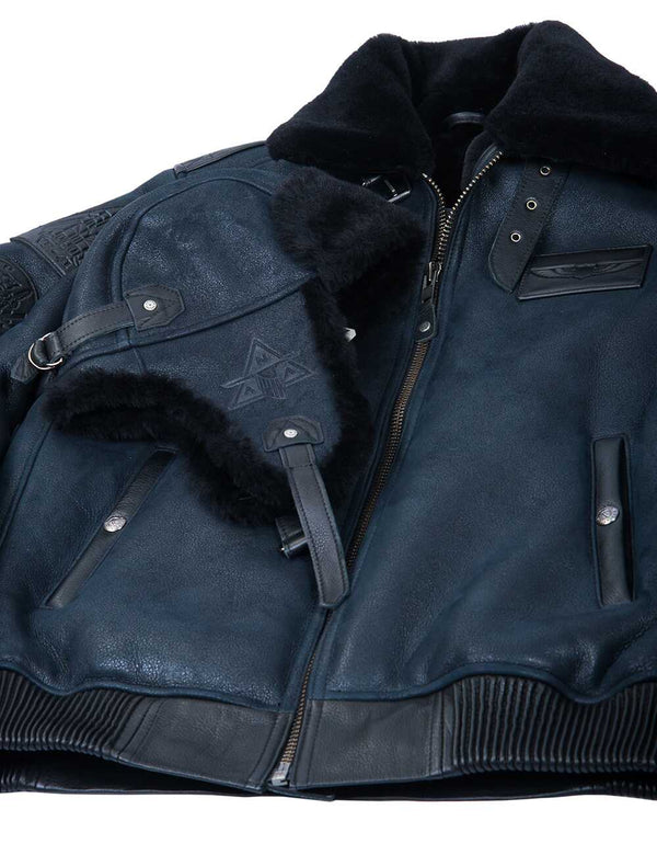 Navy blue sheepskin jacket and a hat on a white background.
