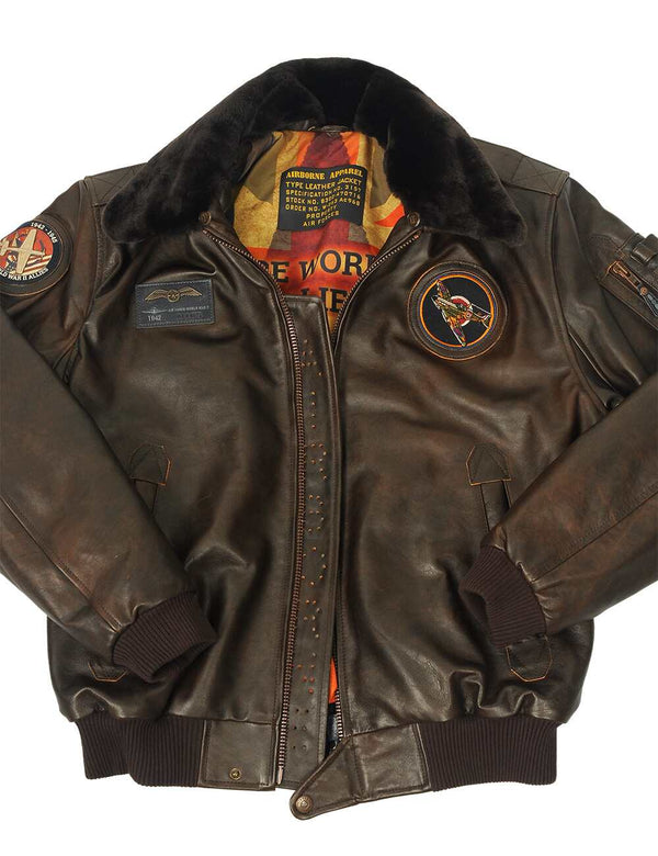 Men's brown leather jacket with patches, fur collar, unbuttoned.
