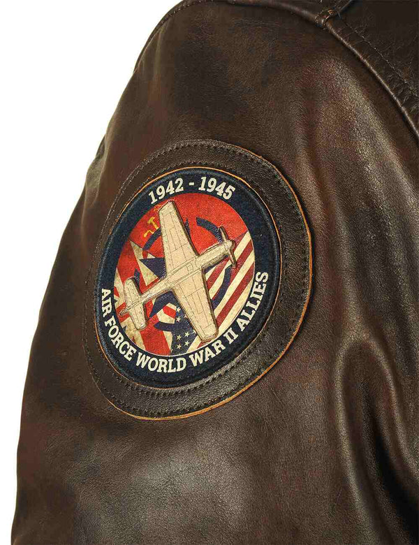 Patch on the sleeve of a men's brown leather jacket.