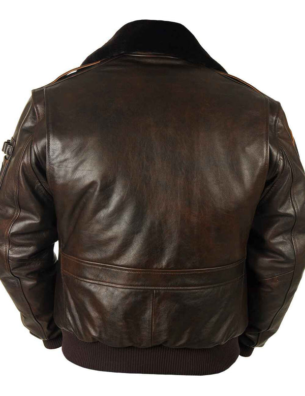 Men's brown leather jacket with elastic waistband and fur collar, back view.