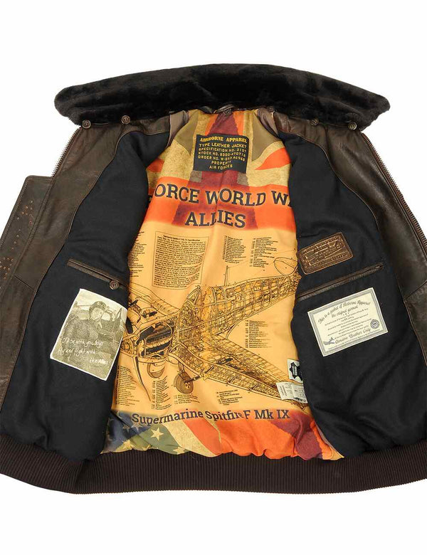 Men's brown leather jacket with fur collar unbuttoned, revealing bright lining and inner pockets.
