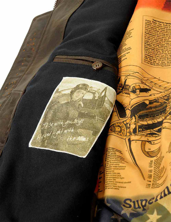 A bright lining and an inside pocket of a men's brown leather jacket.