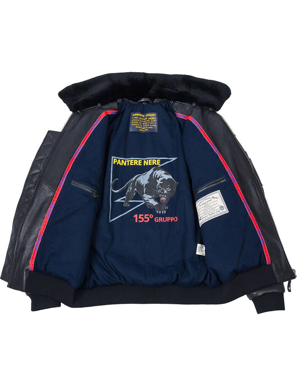 A black leather jacket with a shearling collar and dark blue lining with the image of a panther.