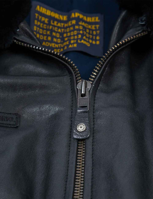 Metal zipper on men's black leather jacket.