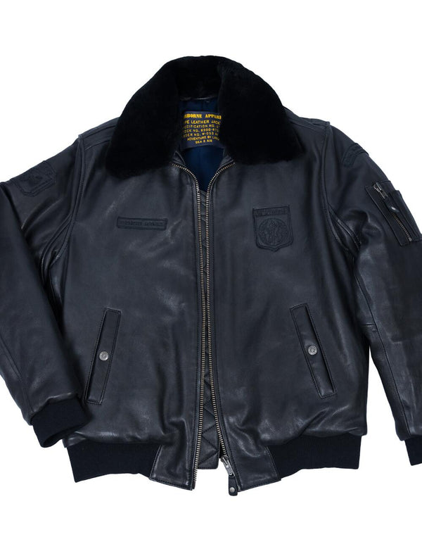 Black leather men's jacket with elastic waistband, sheepskin collar, unzipped.
