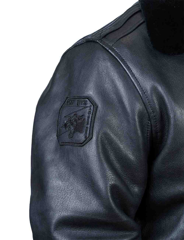 A panther patch on the right sleeve of a black leather jacket.