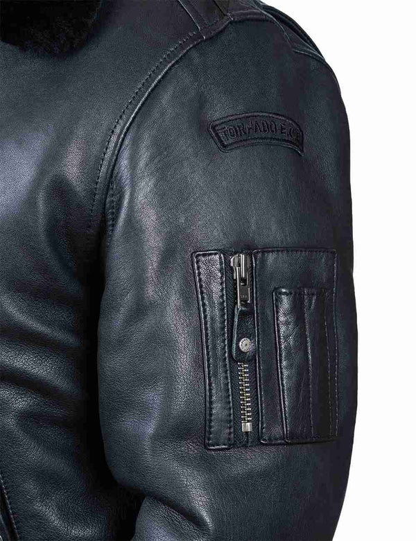 Utility pocket on the left sleeve of a men's black leather jacket.