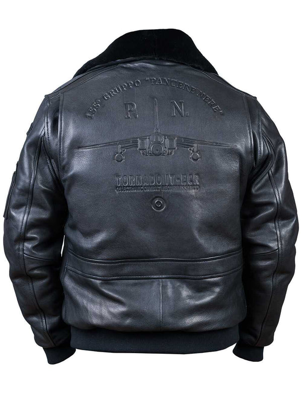 Embossed military aircraft on the back of a black leather men's jacket.