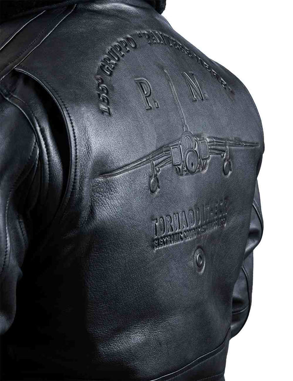Embossed military aircraft on the back of a black leather men's jacket.