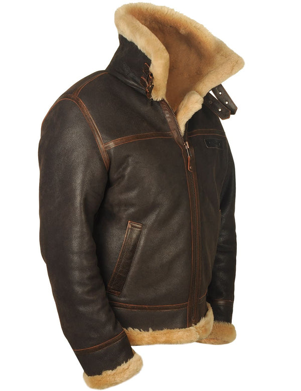 Men's brown sheepskin coat with a raised collar.