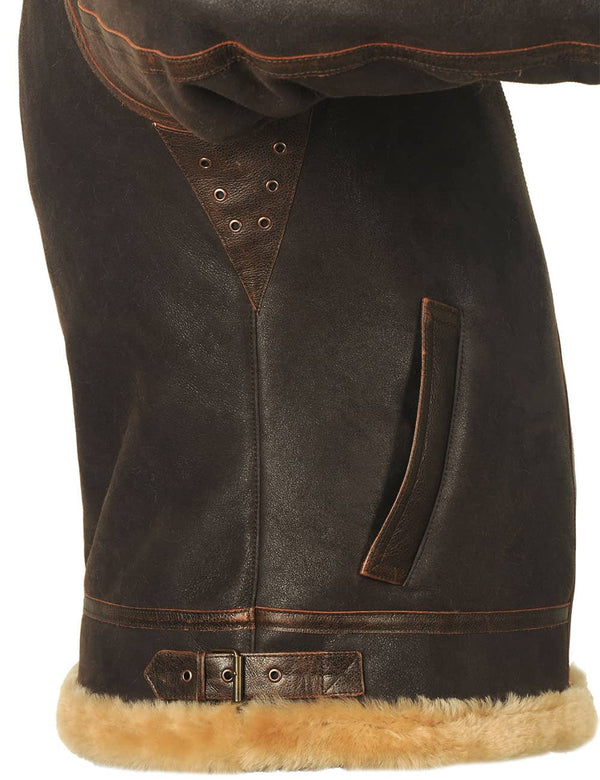 Side view of men's brown sheepskin jacket.