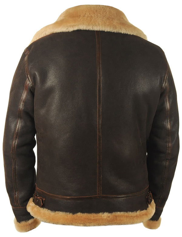 Men's brown sheepskin coat, back view.