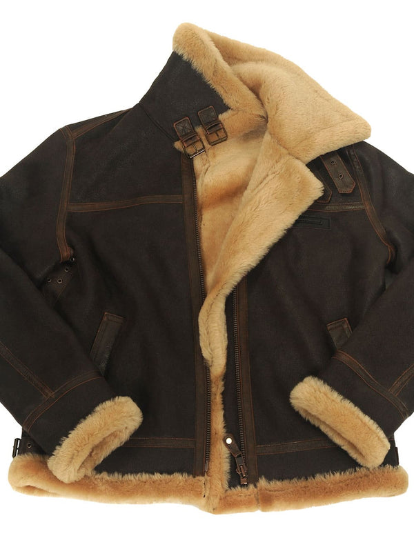Men's brown sheepskin coat, unbuttoned.