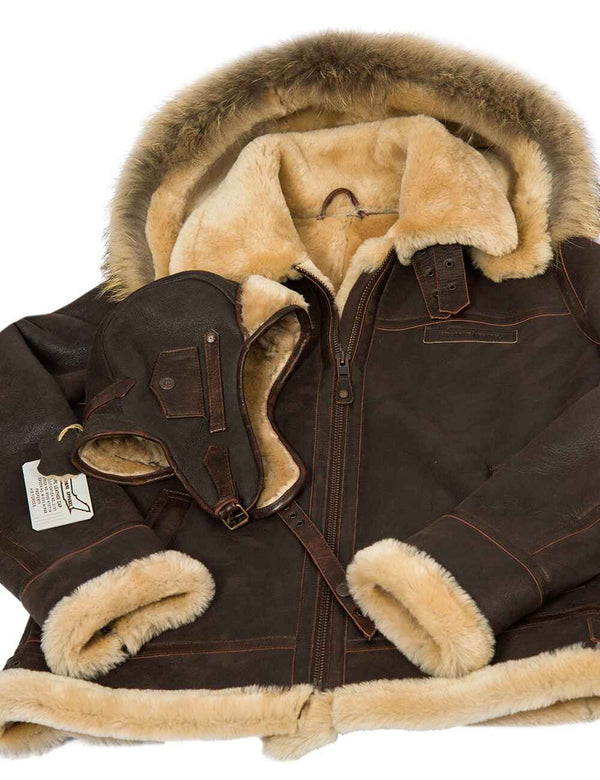 Men's brown sheepskin helmet and jacket.