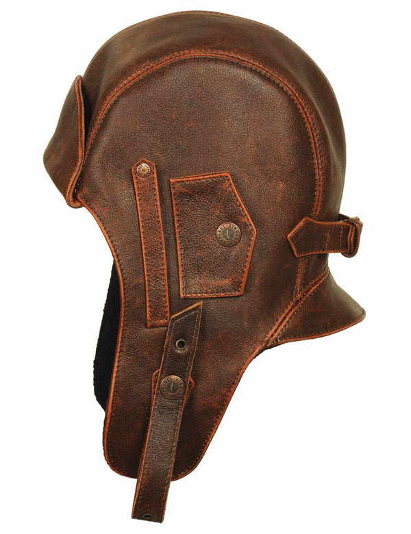 Men's brown leather helmet, side view.