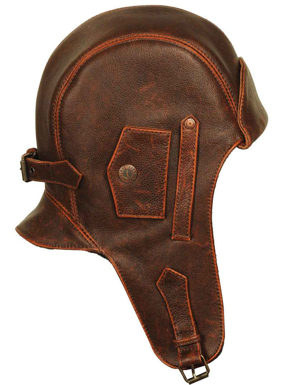Men's brown leather helmet, side view.