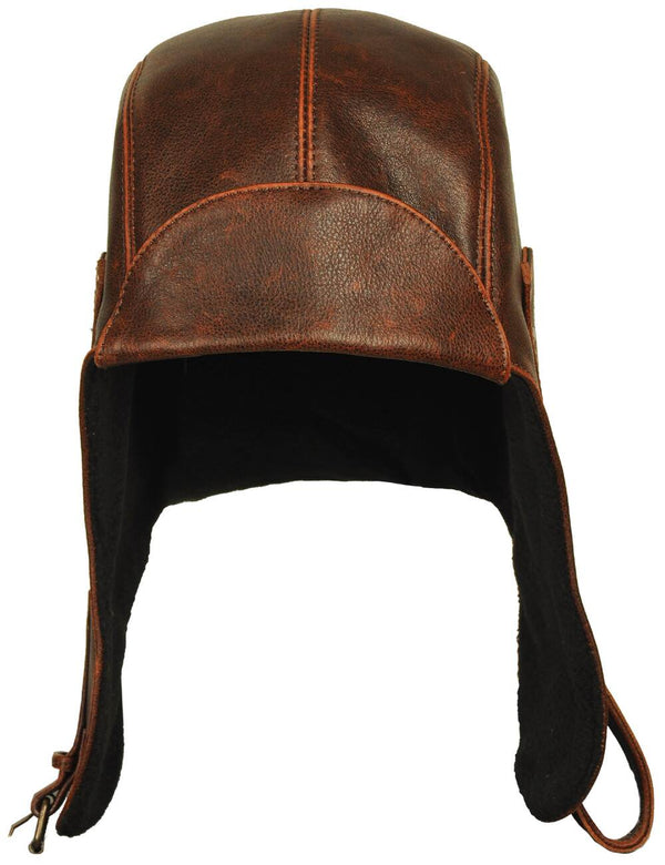 Men's brown leather helmet, front view.