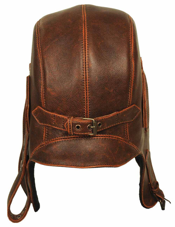 Men's brown leather helmet, back view.