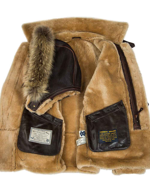 Men's brown sheepskin coat with a hood.
